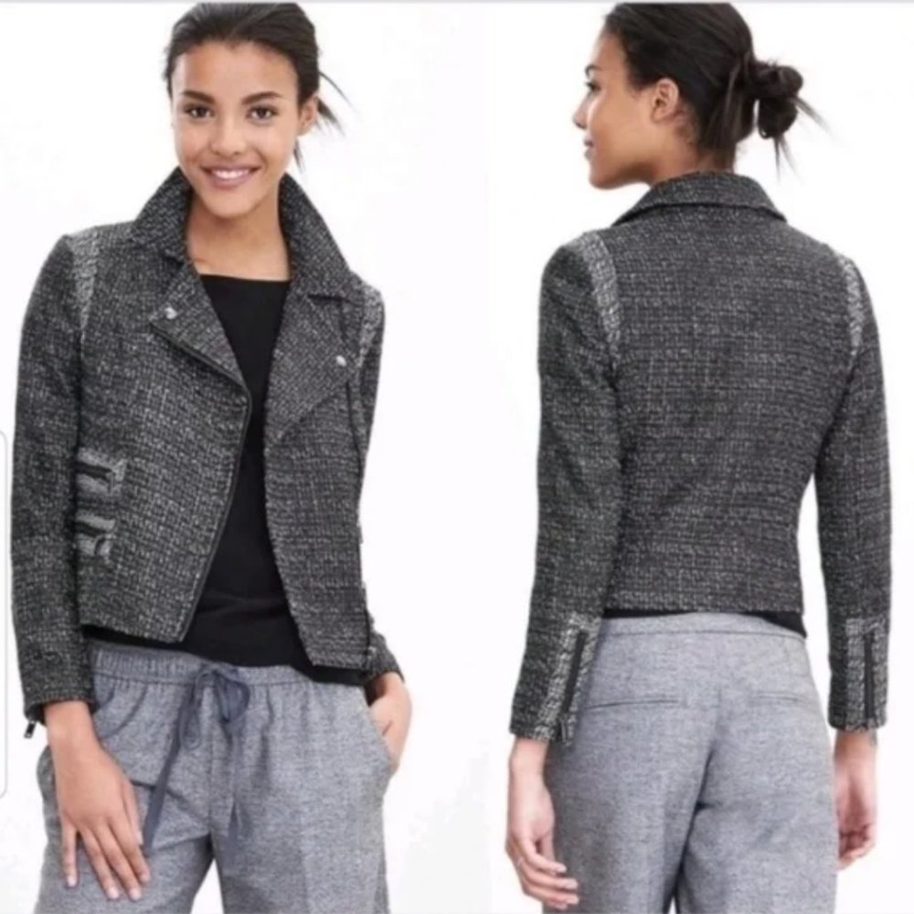 Banana Republic Black White Tweed Moto Style Asymmetrical Zip Jacket